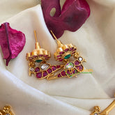 Premium AD Stone Lotus Pendant Hasli Choker-Peacock-Gold Bead-G3970